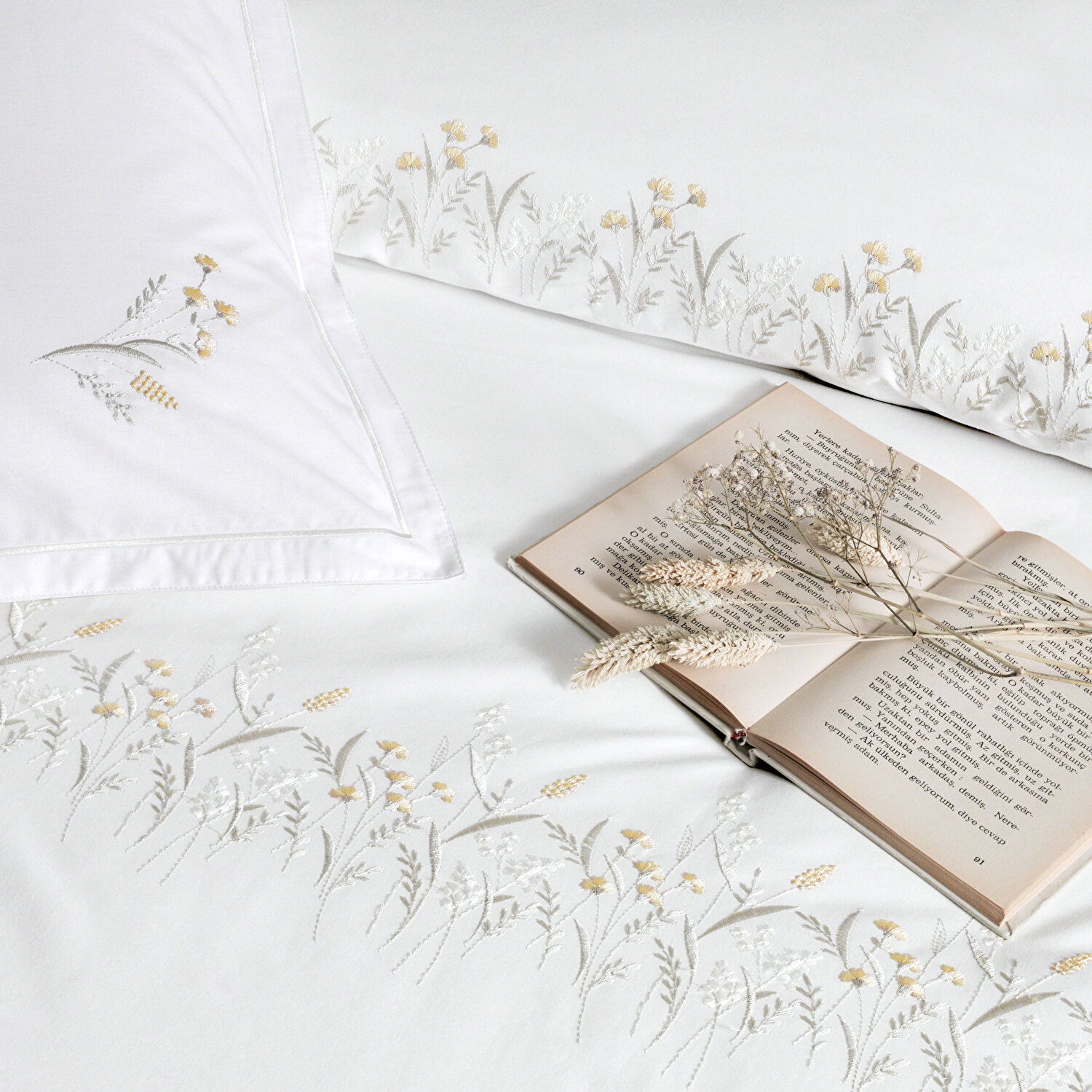 Linens Premium Chıffon Pamuk Brode Çift Kişilik Nevresim Takımı Beyaz