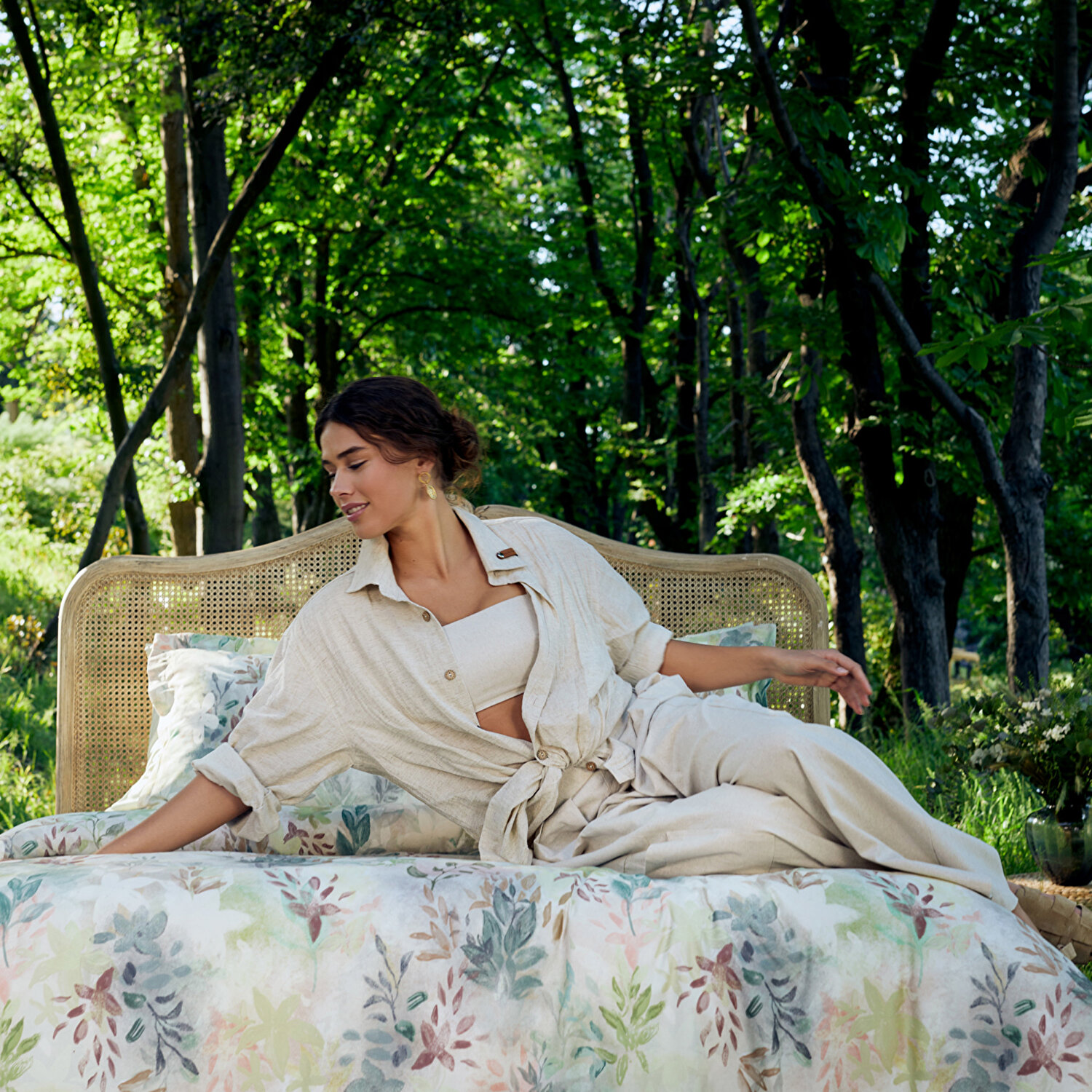 Linens Wisteria Pamuk Saten Çift Kişilik Nevresim Takımı Yeşil