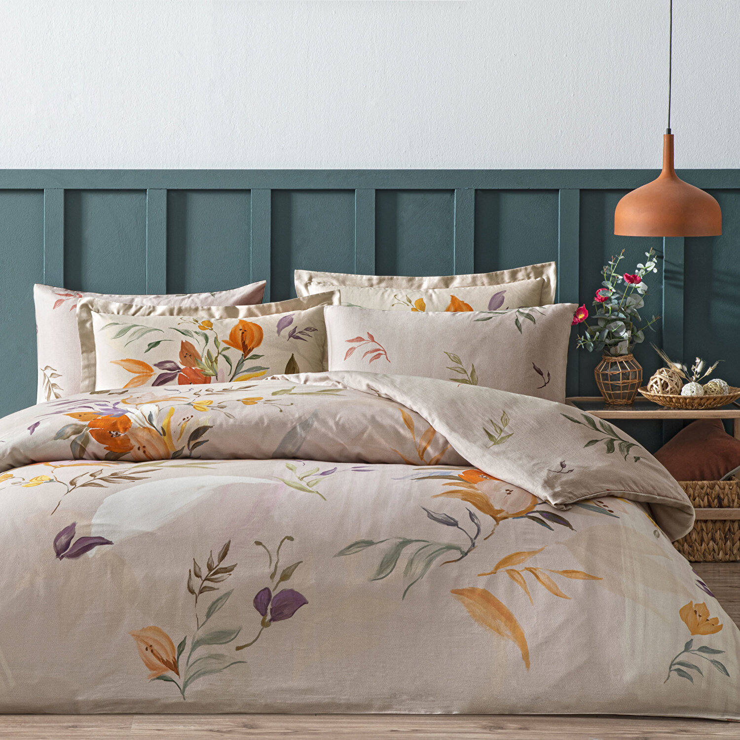 Linens Leina Pamuk Saten Çift Kişilik Nevresim Takımı Bej