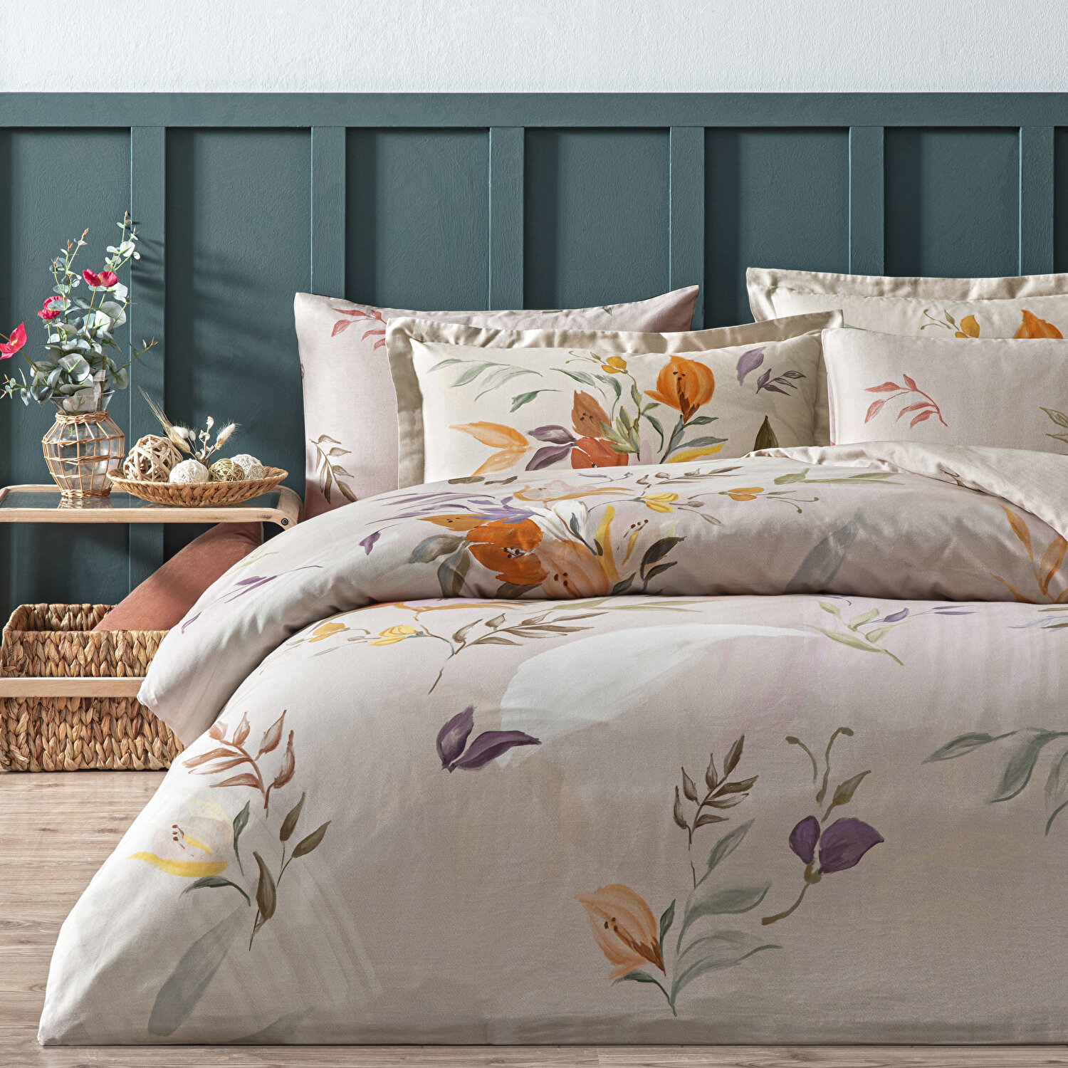 Linens Leina Pamuk Saten Çift Kişilik Nevresim Takımı Bej