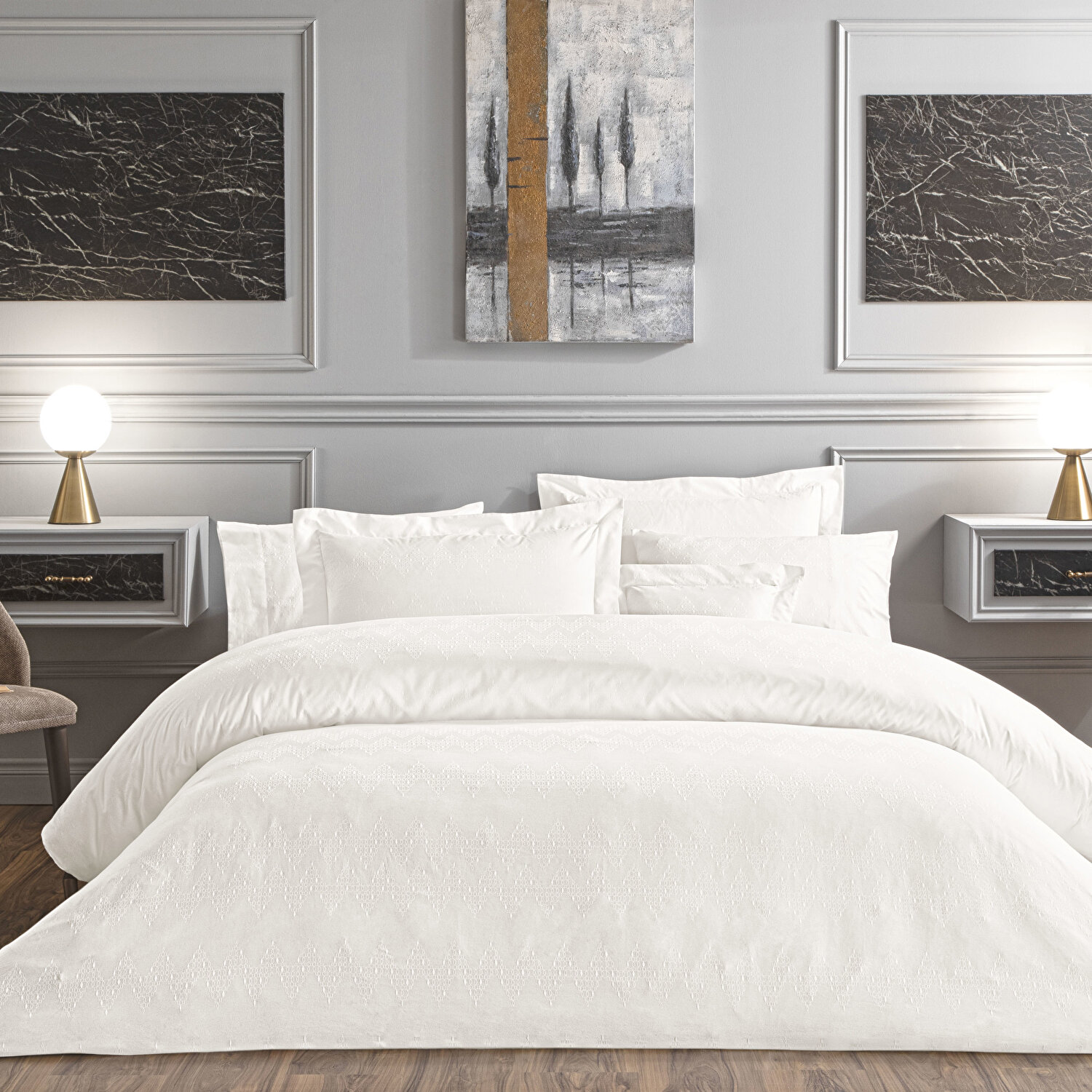 Valeron Cole Jakar King Nevresim Takımı Beyaz