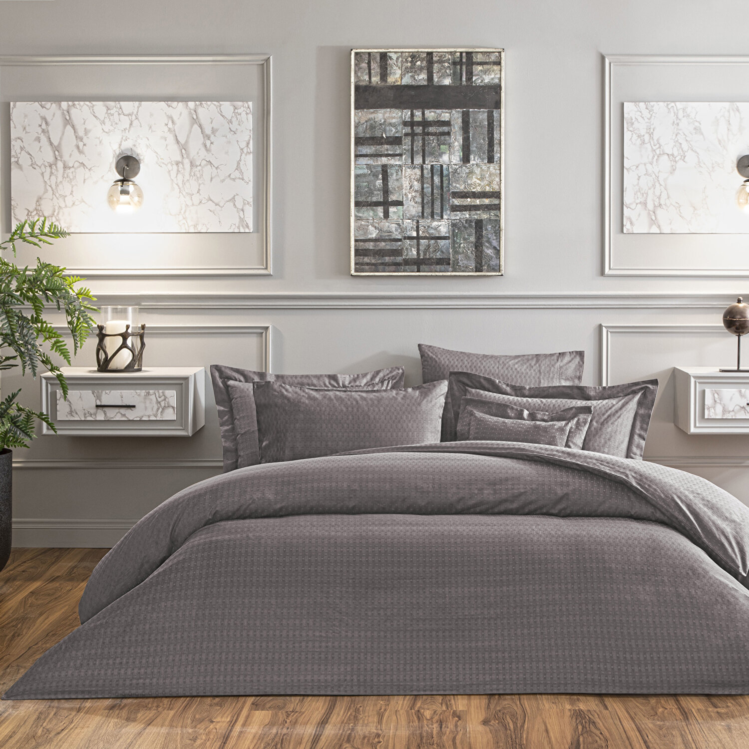 Valeron Davis Jakar Süper King Nevresim Takımı Antrasit