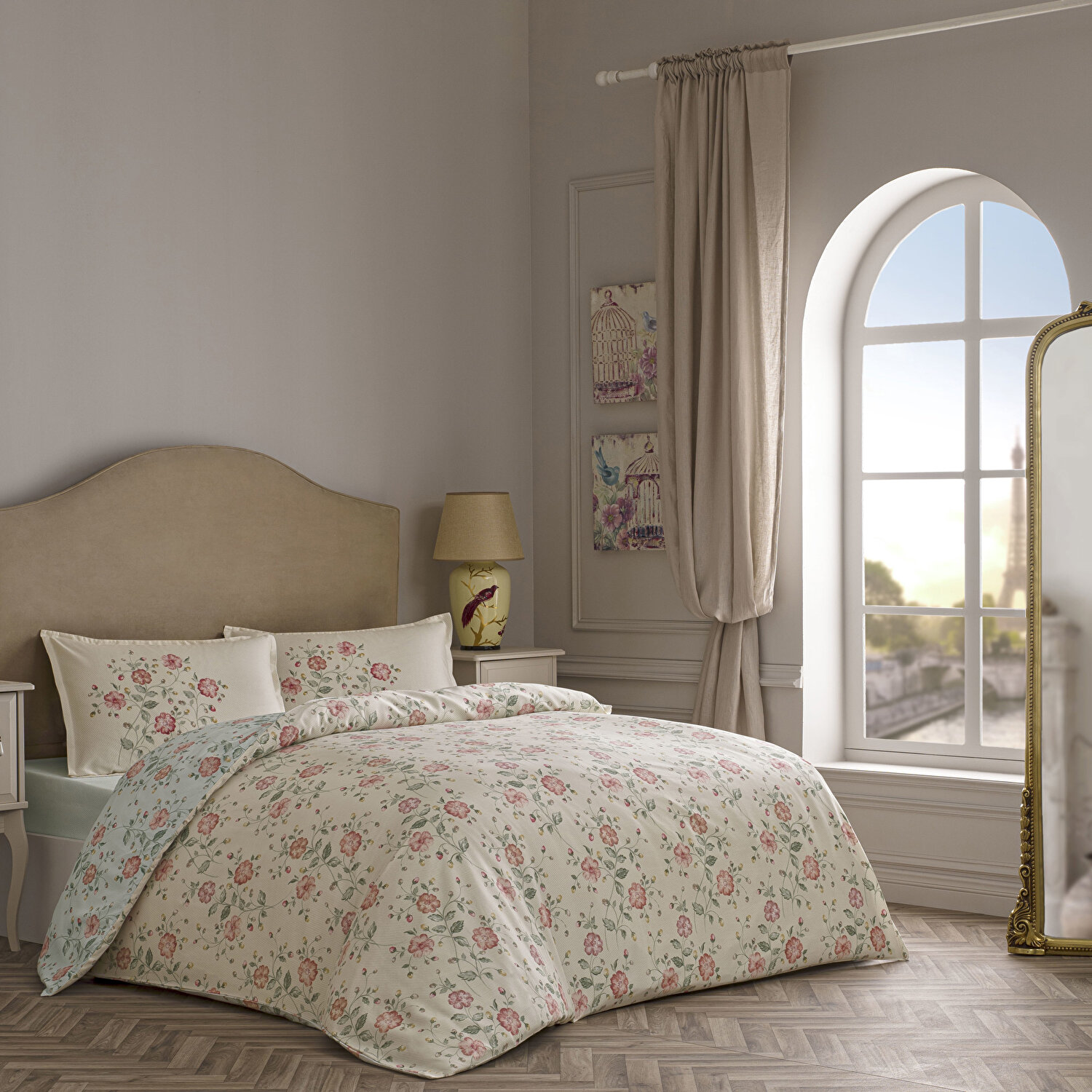 Linens Allday Fleur Pamuk Saten Çift Kişilik Nevresim Takımı Krem