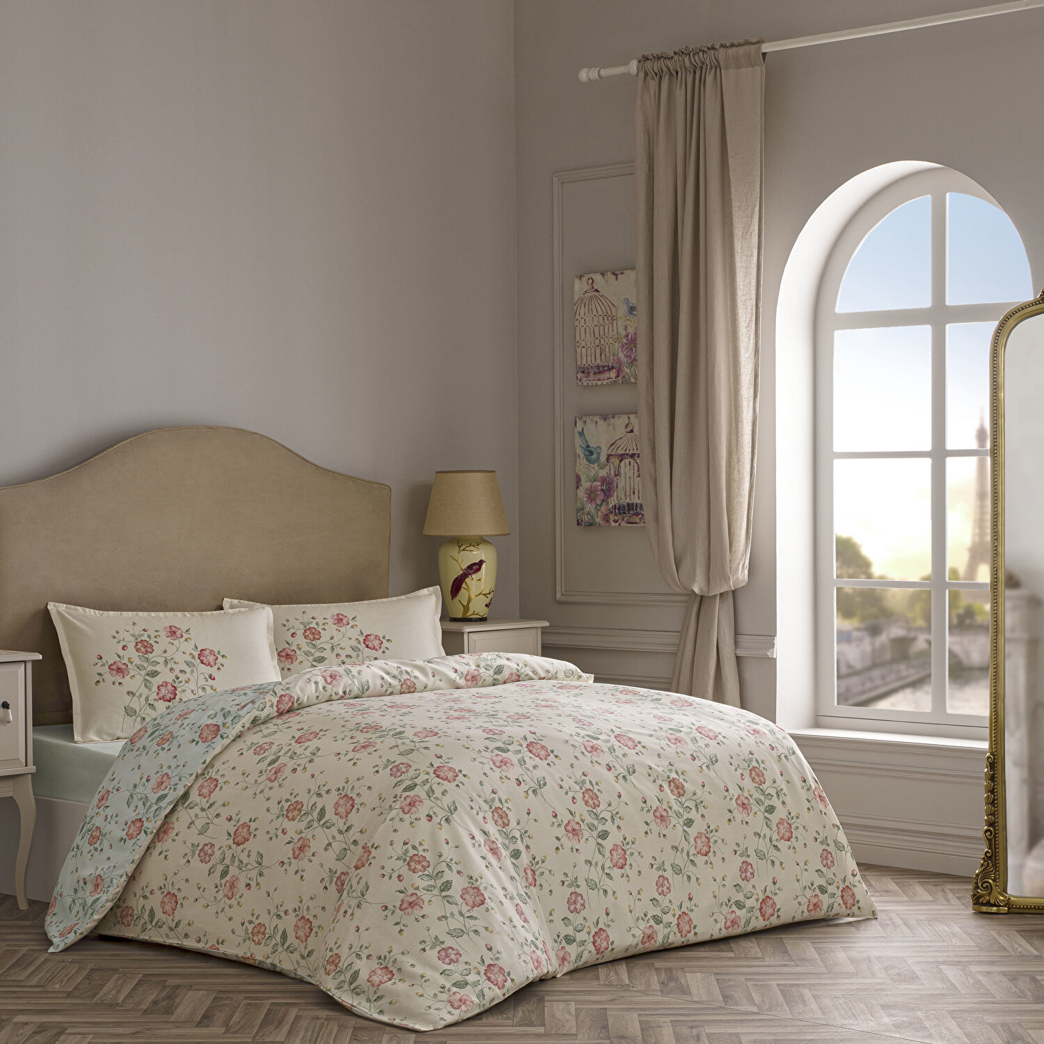 Linens Allday Fleur Pamuk Saten Çift Kişilik Nevresim Takımı Krem