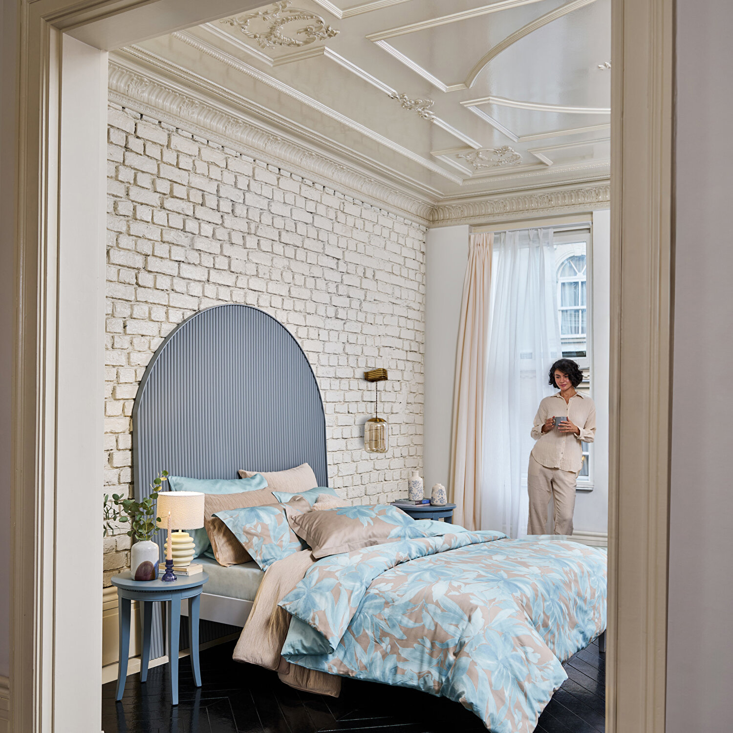 Linens Azure Pamuk Saten Çift Kişilik Nevresim Takımı Mavi