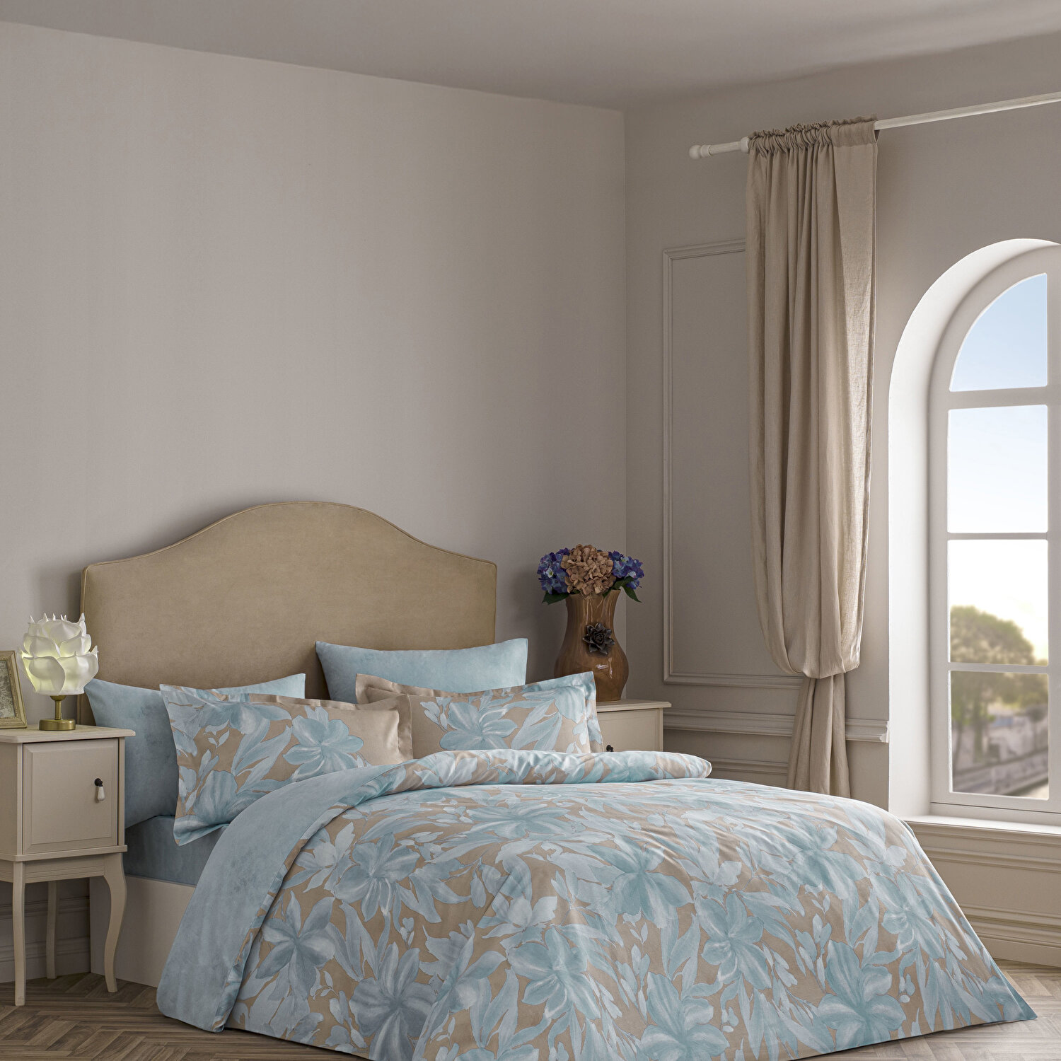 Linens Azure Pamuk Saten Çift Kişilik Nevresim Takımı Mavi