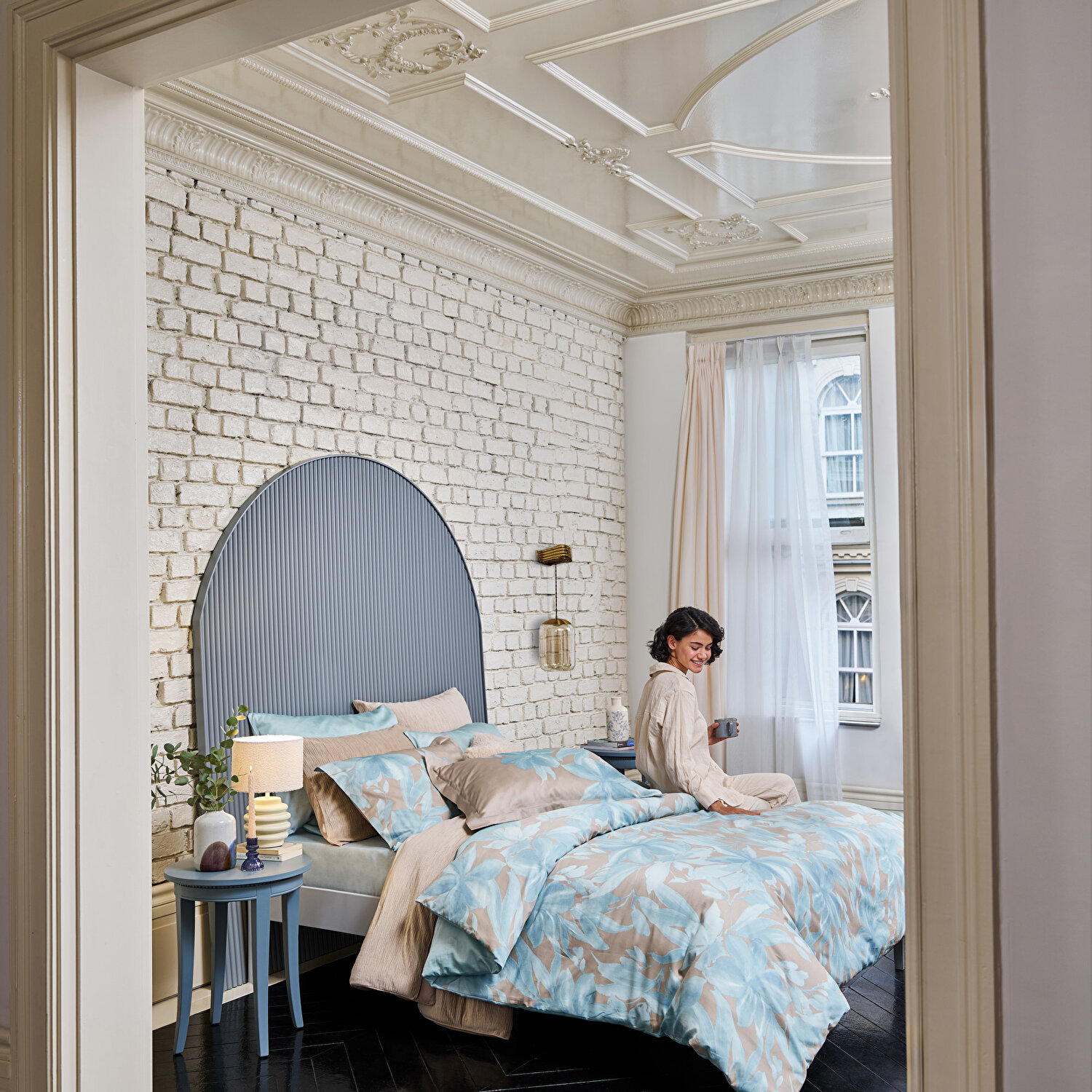 Linens Azure Pamuk Saten Çift Kişilik Nevresim Takımı Mavi