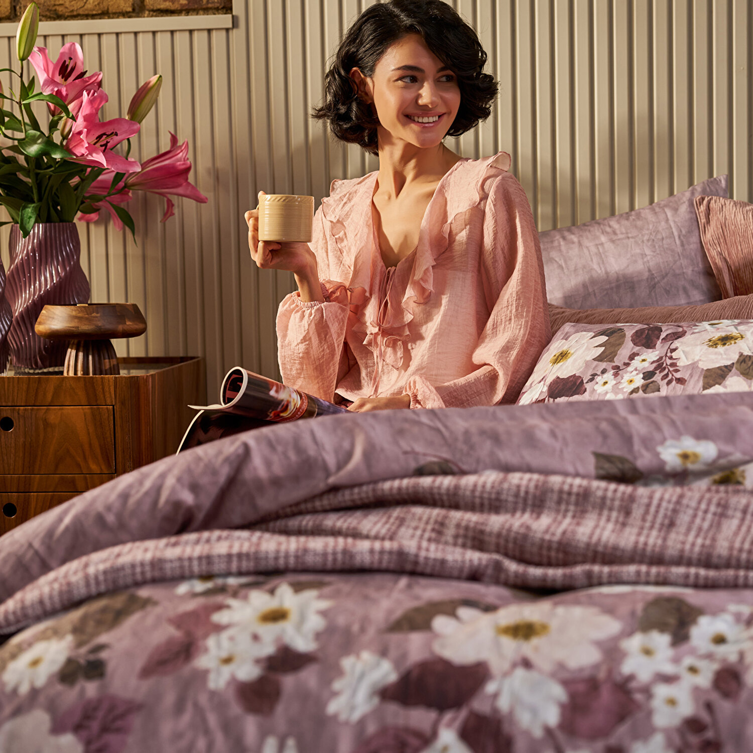 Linens Velour Pamuk Saten Çift Kişilik Nevresim Takımı Pembe