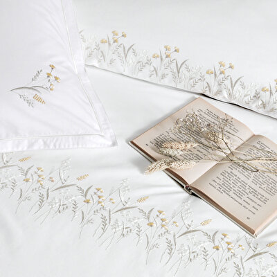 Linens Premium Chıffon Pamuk Brode Çift Kişilik Nevresim Takımı Beyaz